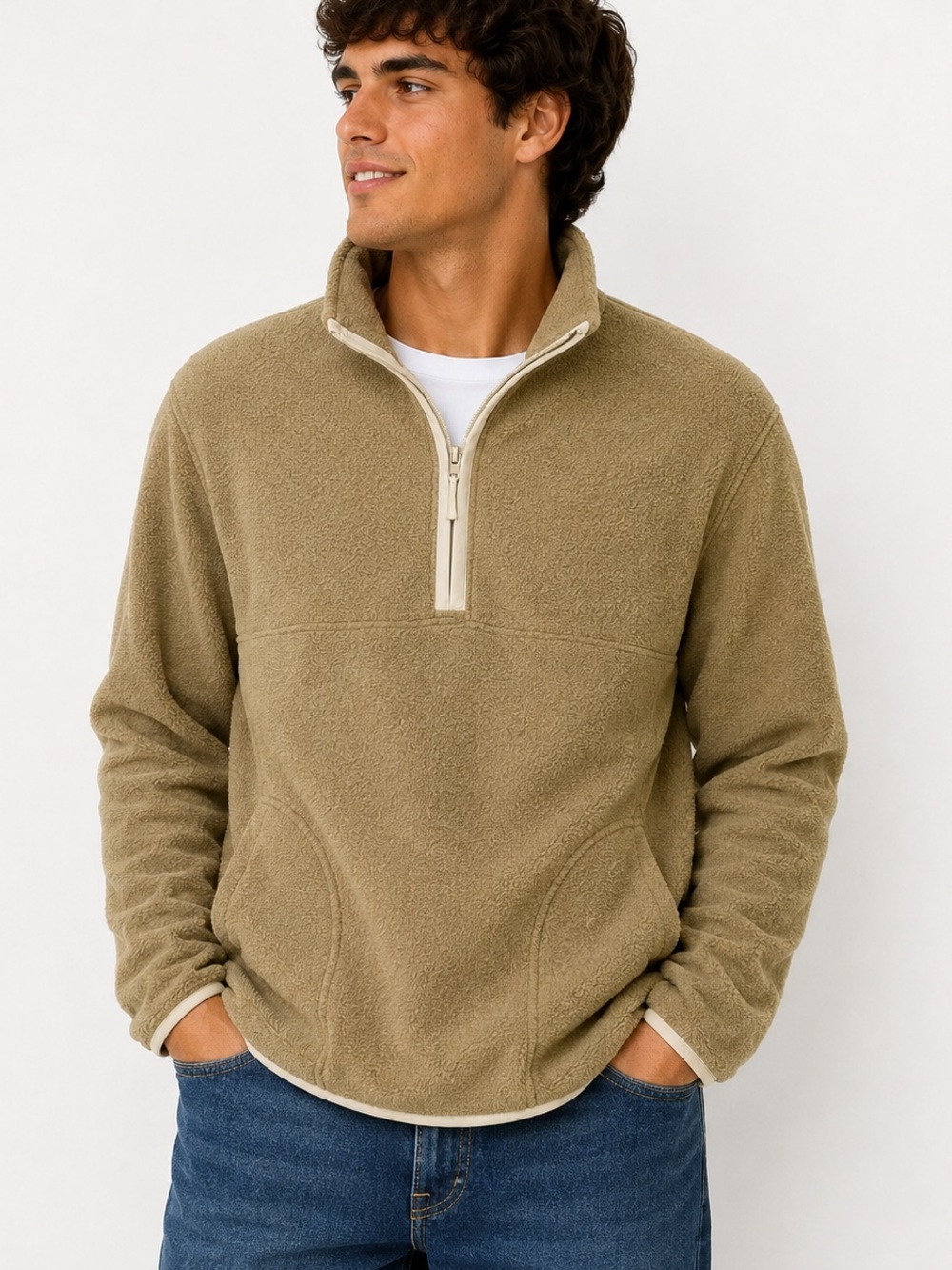Goodfellow & Co Olive tan Half-Zip Sherpa Pullover men’s small casual fleece